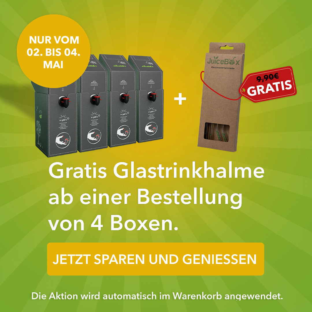 Promotion for free glass straws with purchase of four boxes.