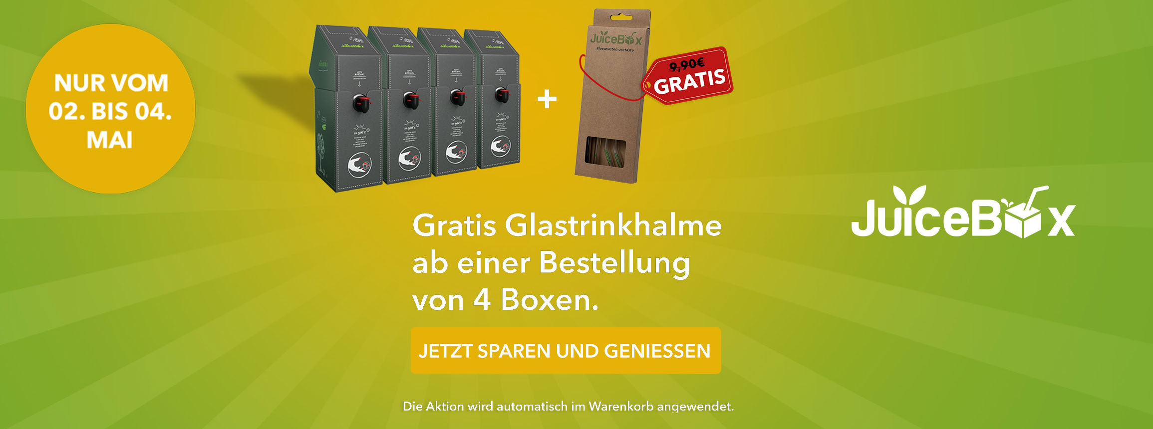 Promotion for free glass straws with purchase of four boxes on a green background.